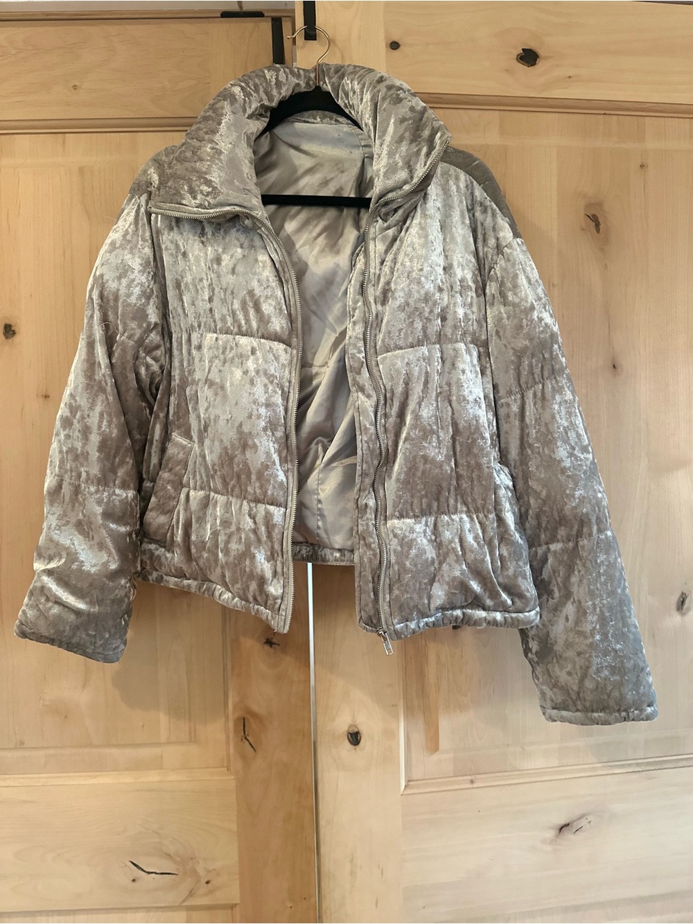 Silver Plush Velvet Puffer Jacket
